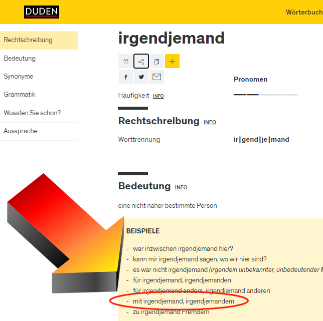 Beispiel: "mit irgendjemand" genauso erlaubt wie "mit irgendjemandEM"